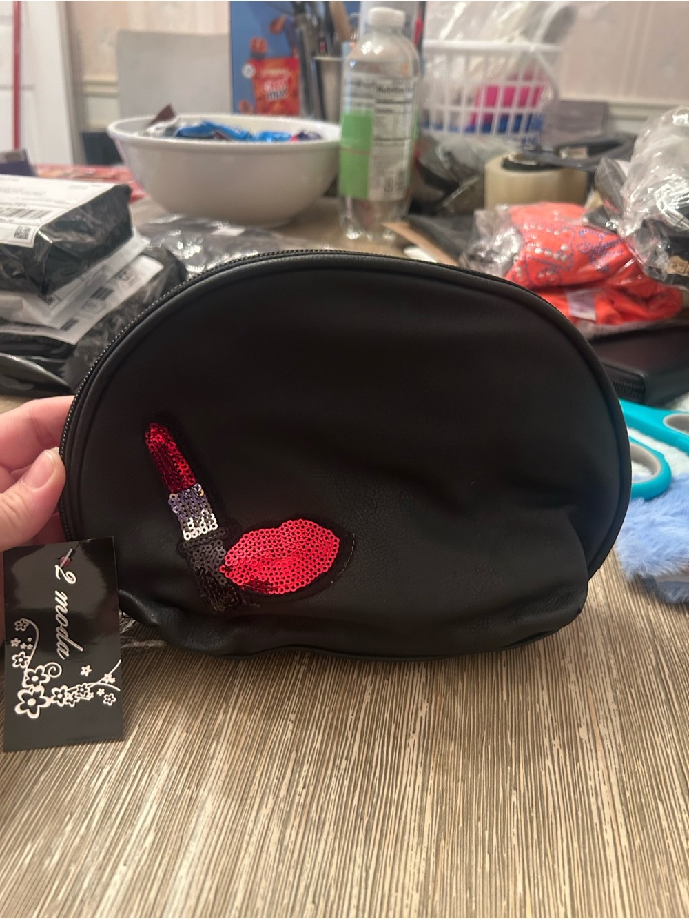 Black Sequin Lip Makeup Pouch